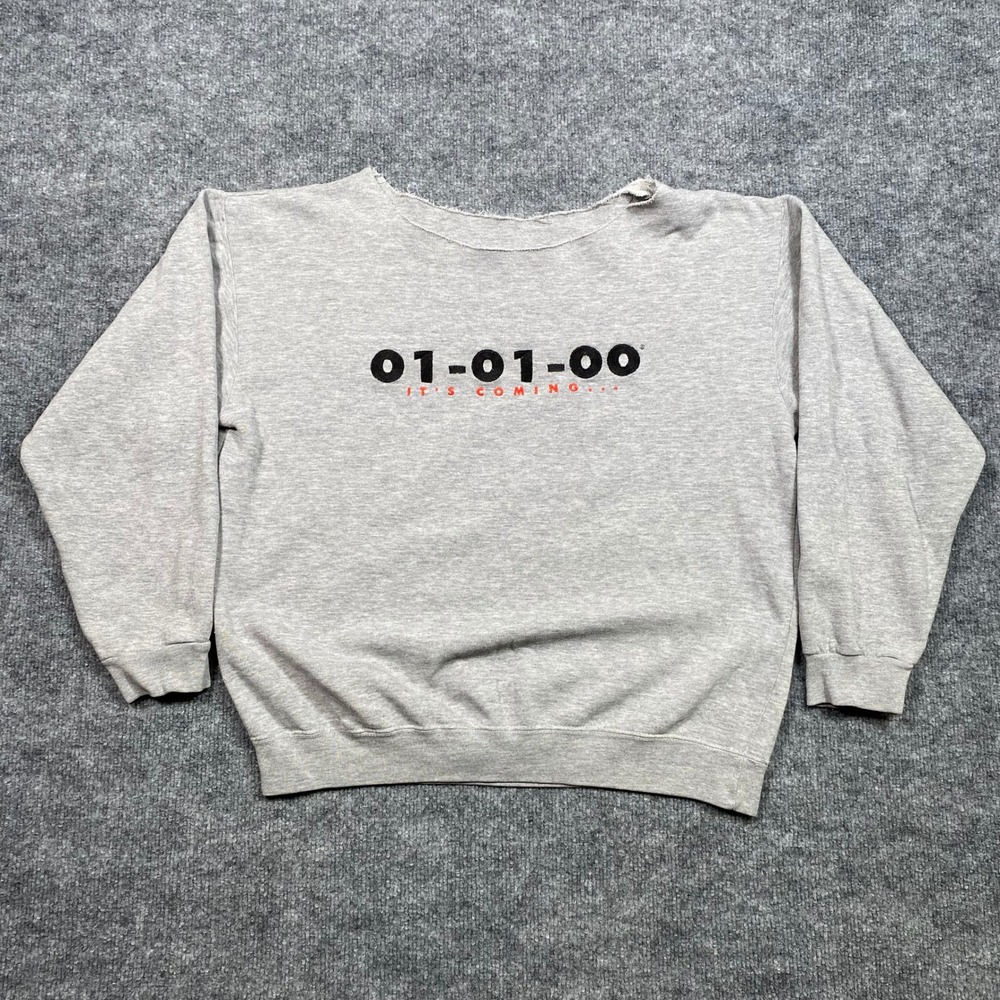 Vintage Y2K 01-01-00 Its Coming Graphic Sweatshirt Grey Distressed Mens Large